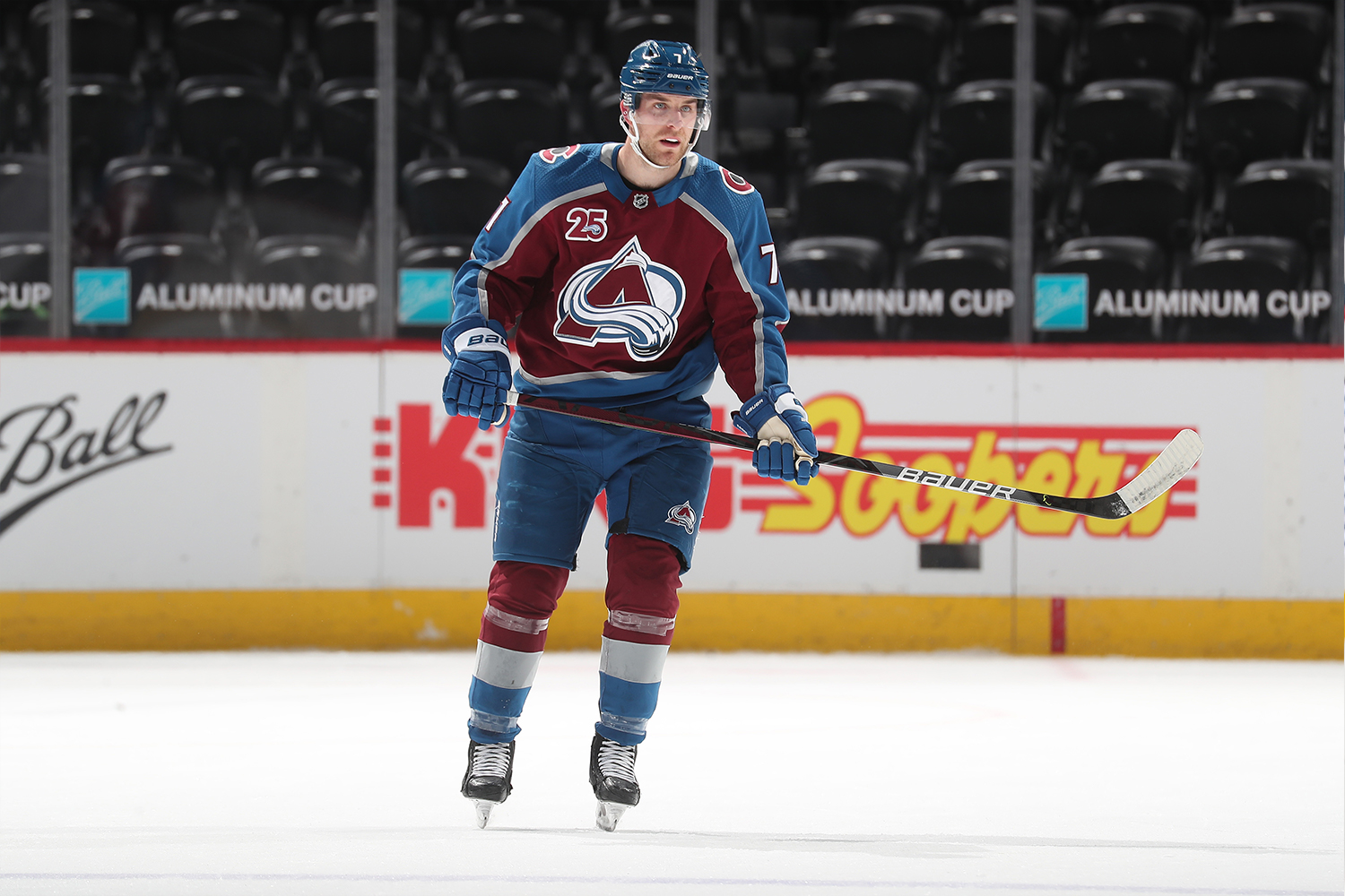 Devon Toews #7 of the Colorado Avalanche skates against the San Jose Sharks at Ball Arena on May 01, 2021