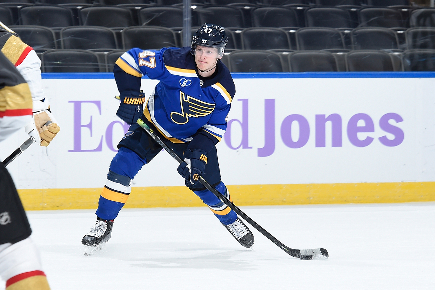 Torey Krug #47 of the St. Louis Blues in action against the Vegas Golden Knights on April 7, 2021