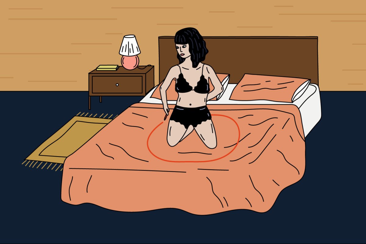 Illustration of a woman wearing a black bra and underwear on a bed drawing a circle around herself in red marker