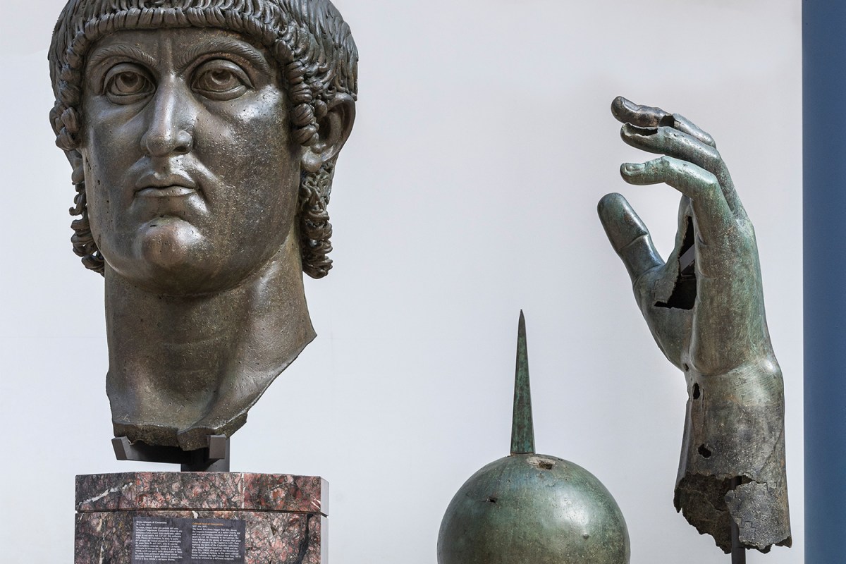 A bronze statue of Constantine the Great with his finger returned at the Capitoline Museums