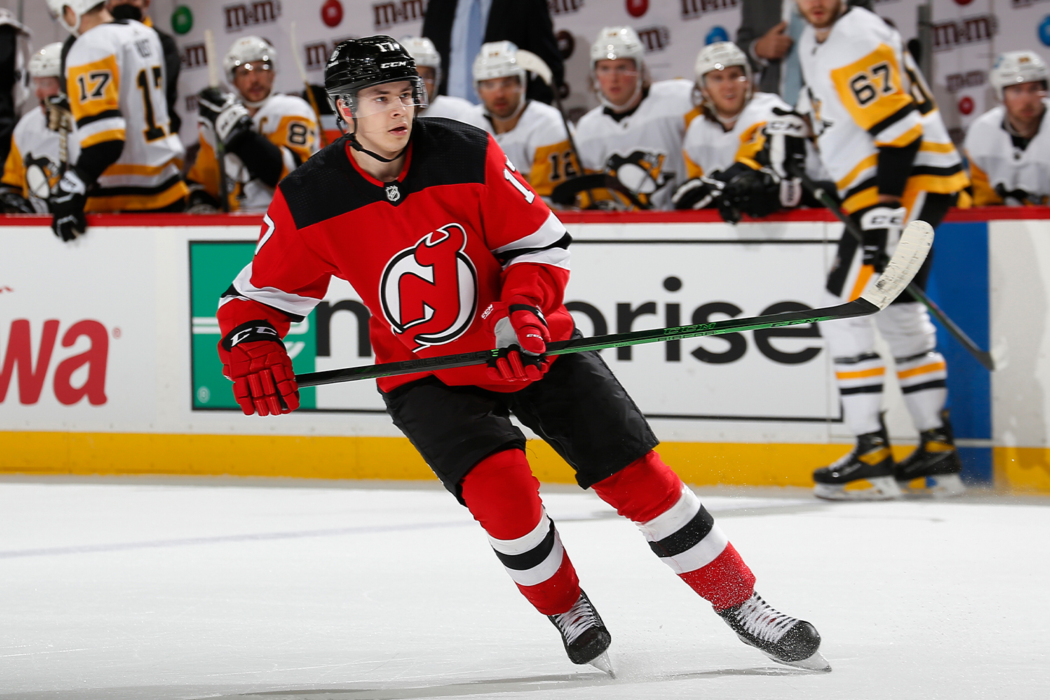 Yegor Sharangovich #17 of the New Jersey Devils skates against the Pittsburgh Penguins during the game at Prudential Center on April 9, 2021
