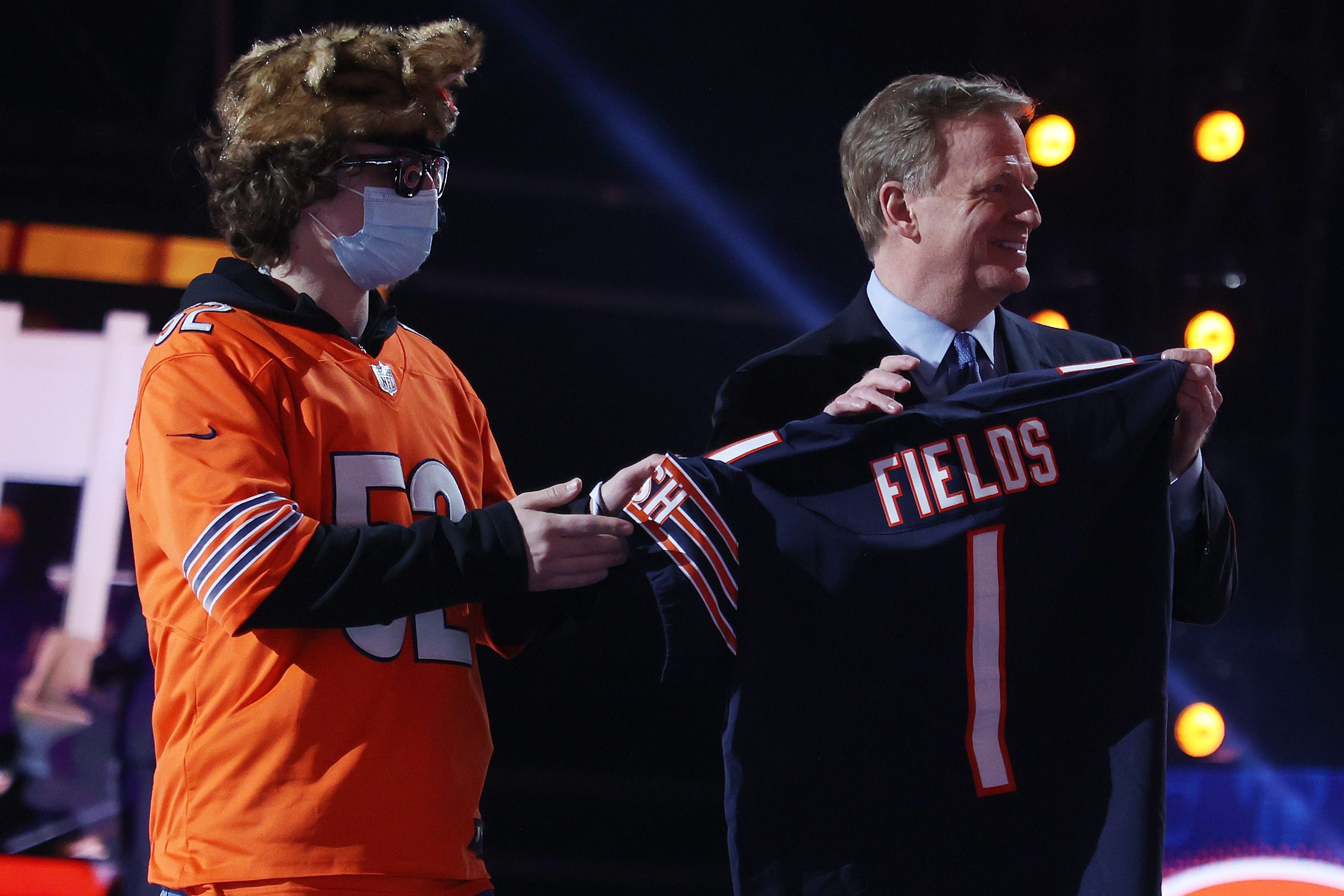 A Bears fan with NFL Commissioner Roger Goodell