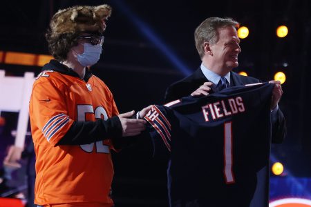 A Bears fan with NFL Commissioner Roger Goodell