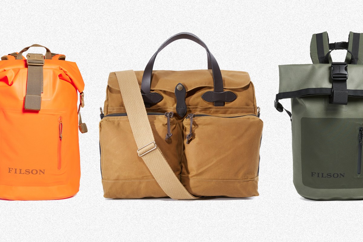 A Filson Dry Backpack in flame orange, 24-Hour Briefcase in tan and Dry Backpack in green