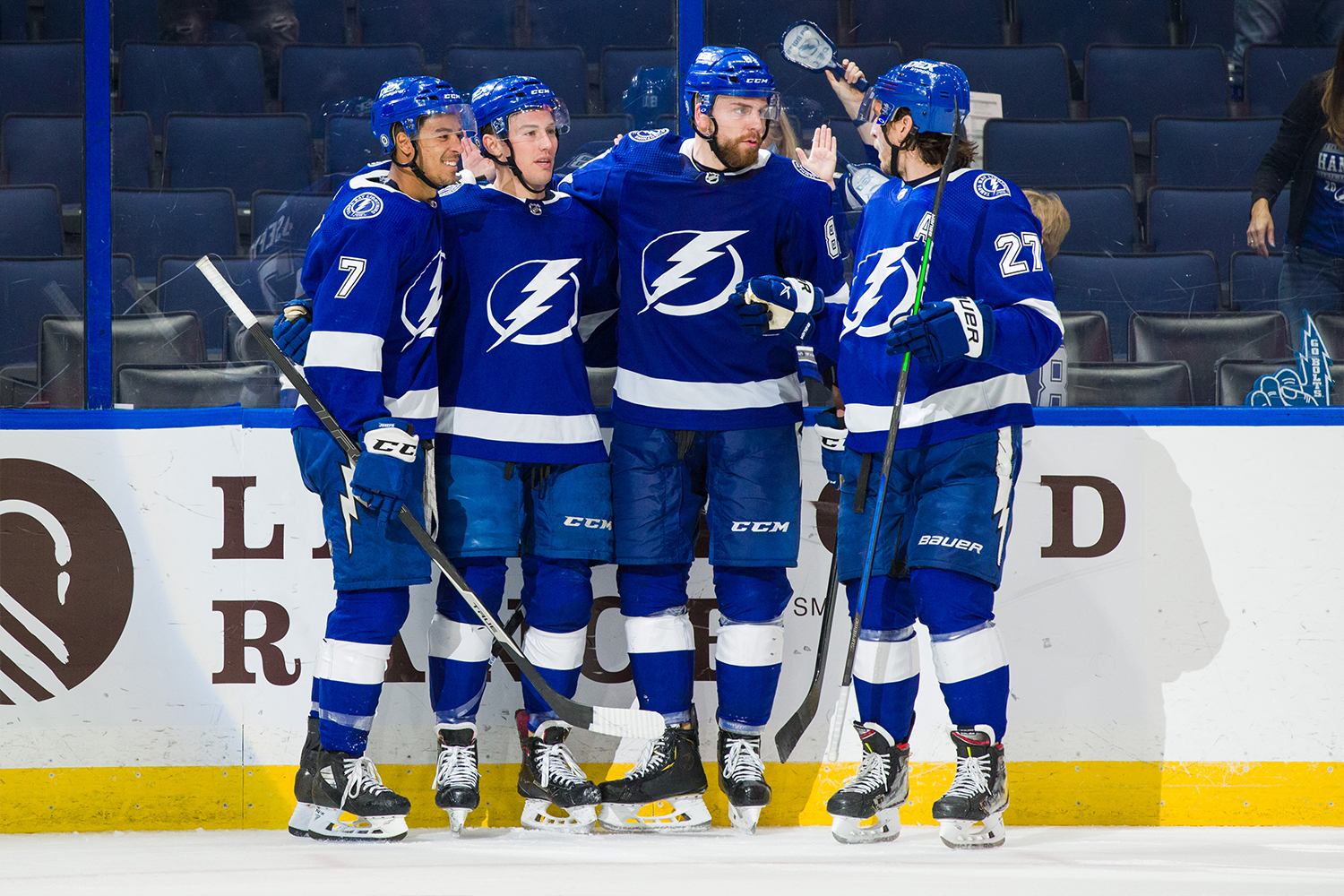 Ross Colton #79 of the Tampa Bay Lightning celebrates his goal with teammates Mathieu Joseph #7, Erik Cernak #81, and Ryan McDonagh #27 against the Dallas Stars during the third period at Amalie Arena on May 5, 2021