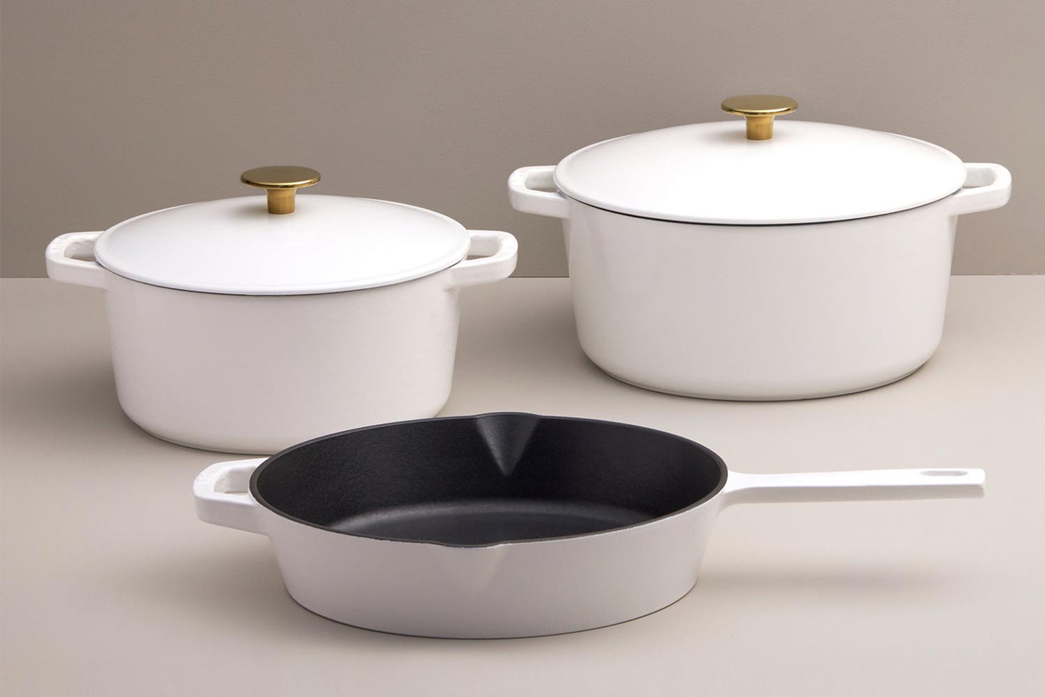 The 5-piece Milo cookware set with two Dutch ovens and a skillet