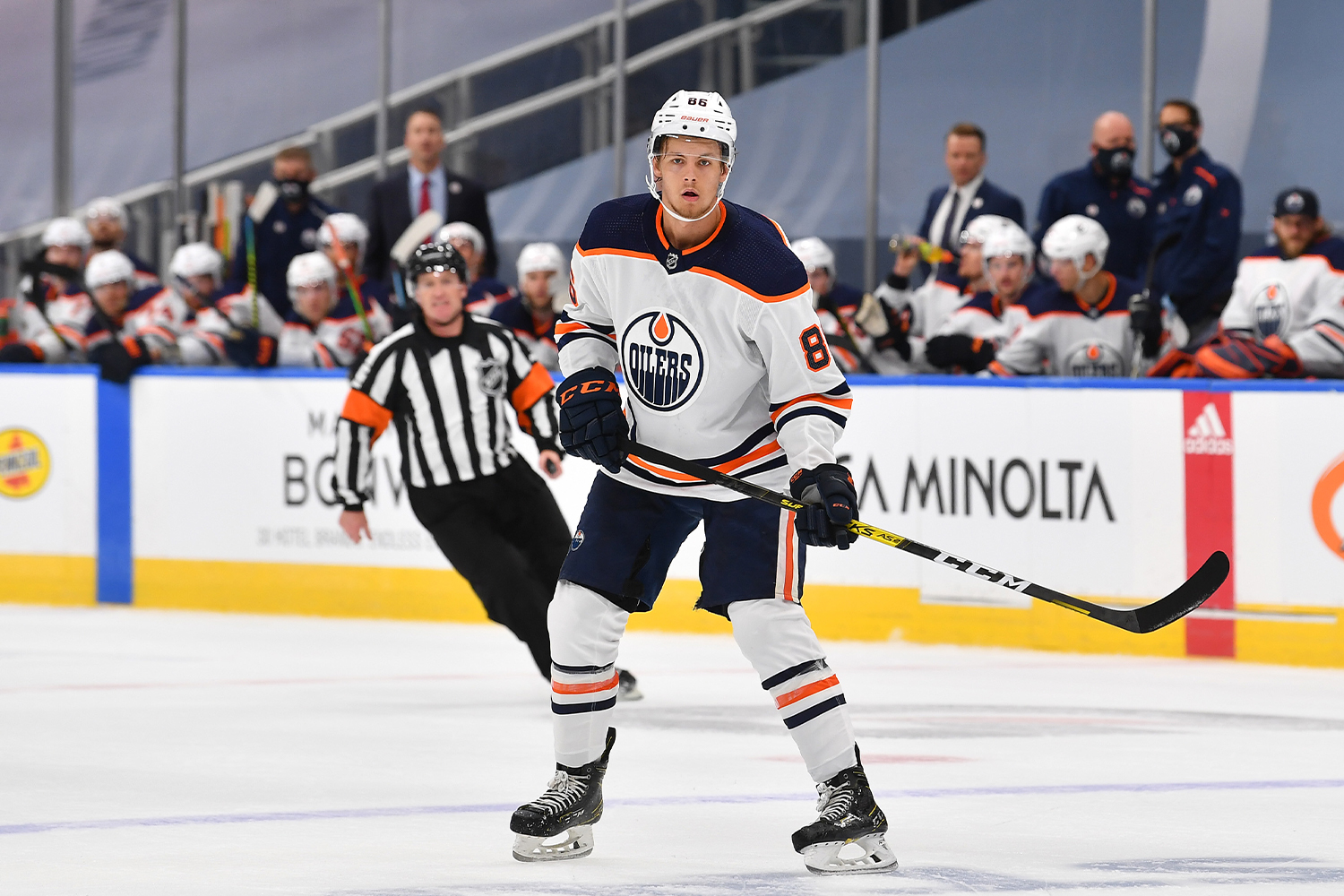 Philip Broberg #86 of the Edmonton Oilers mans the point during first period of an exhibition game against the Calgary Flames prior to the 2020 NHL Stanley Cup Playoffs at Rogers Place on July 28, 2020