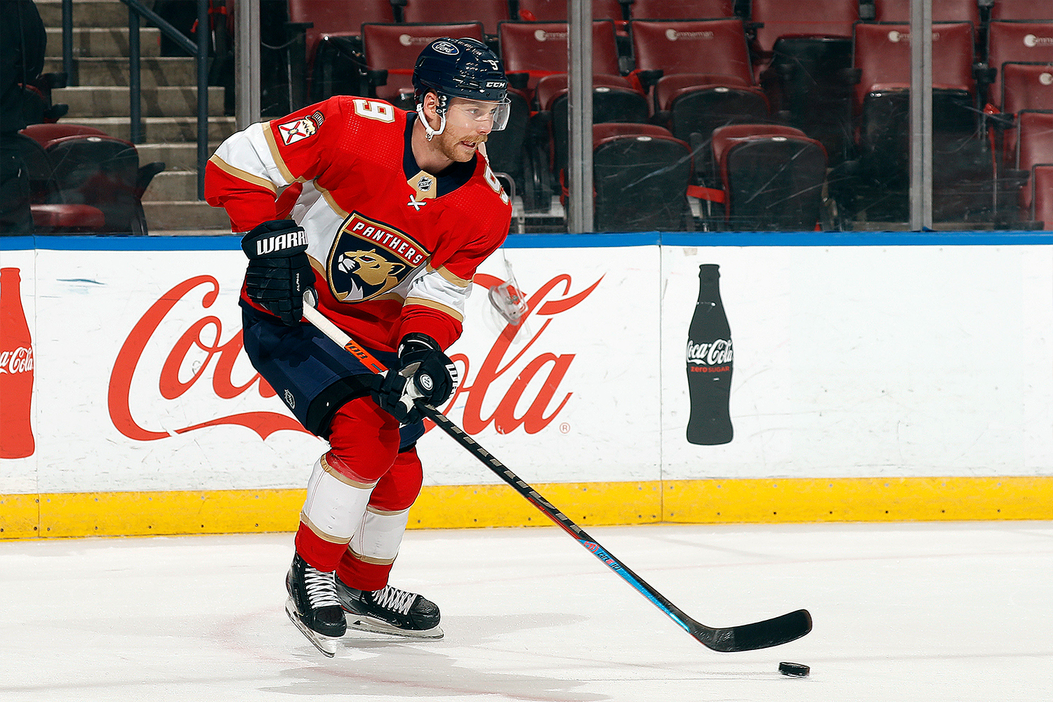 Sam Bennett #9 of the Florida Panthers warms up on the ice prior to the start of the game against the Carolina Hurricanes at the BB&T Center on April 22