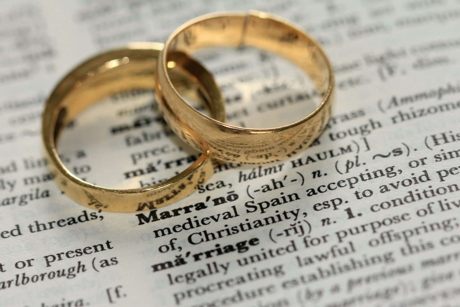 Two gold wedding rings rest on an open dictionary page