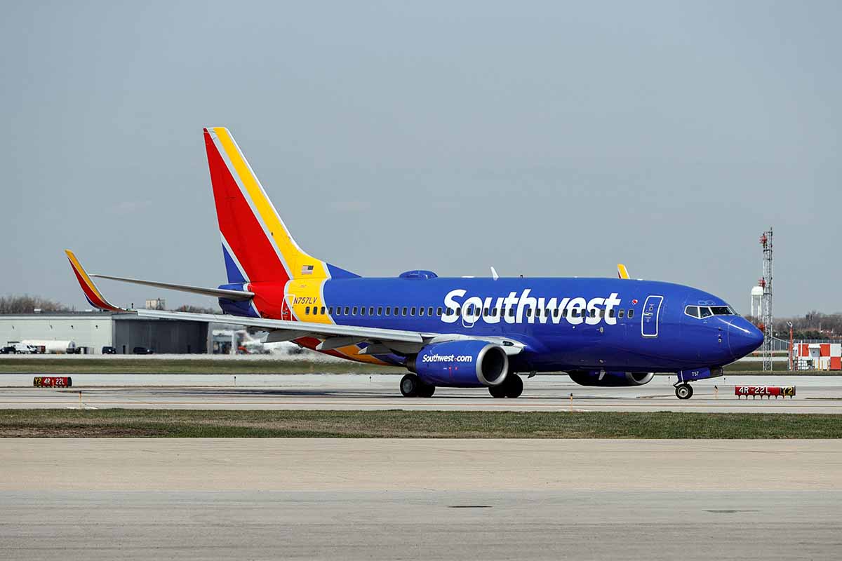 Southwest Airlines Boeing 737-7H4 jet taxis to the gate after landing at Midway International Airport in Chicago, Illinois, on April 6, 2021
