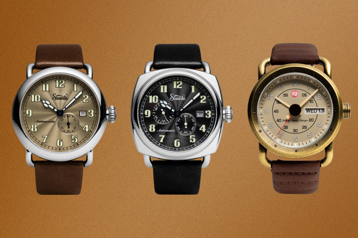 Three Szanto watches on a rust background