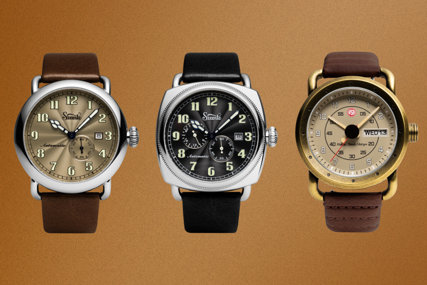 Three Szanto watches on a rust background