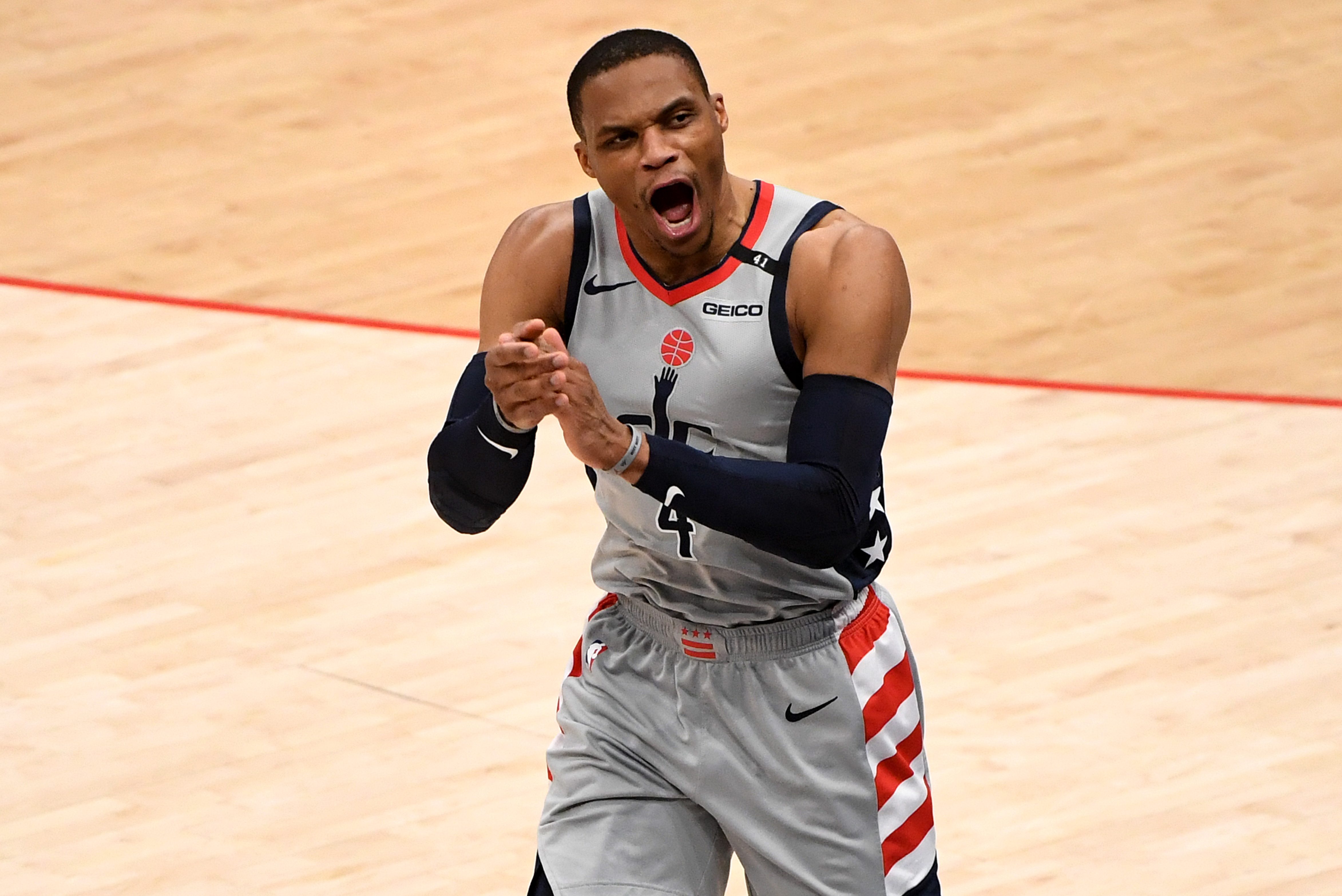 Washington Wizards point guard Russell Westbrook on the NBA court