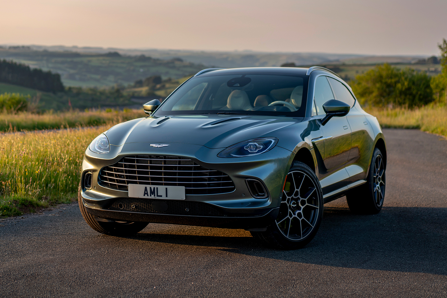 The 2021 Aston Martin DBX SUV in green in the countryside