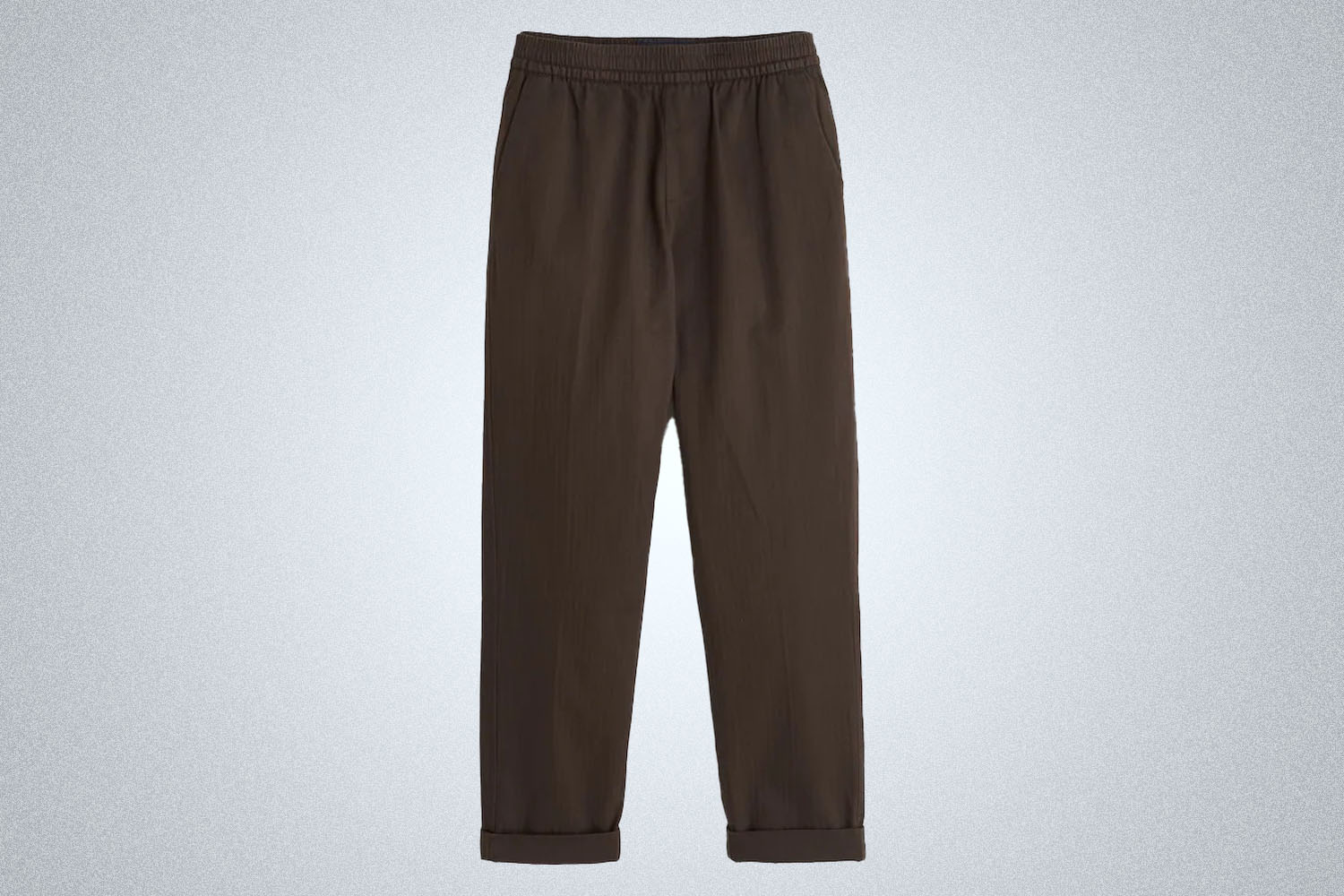 a pair of relaxed brown pull-on pants from Abercrombie on a grey background
