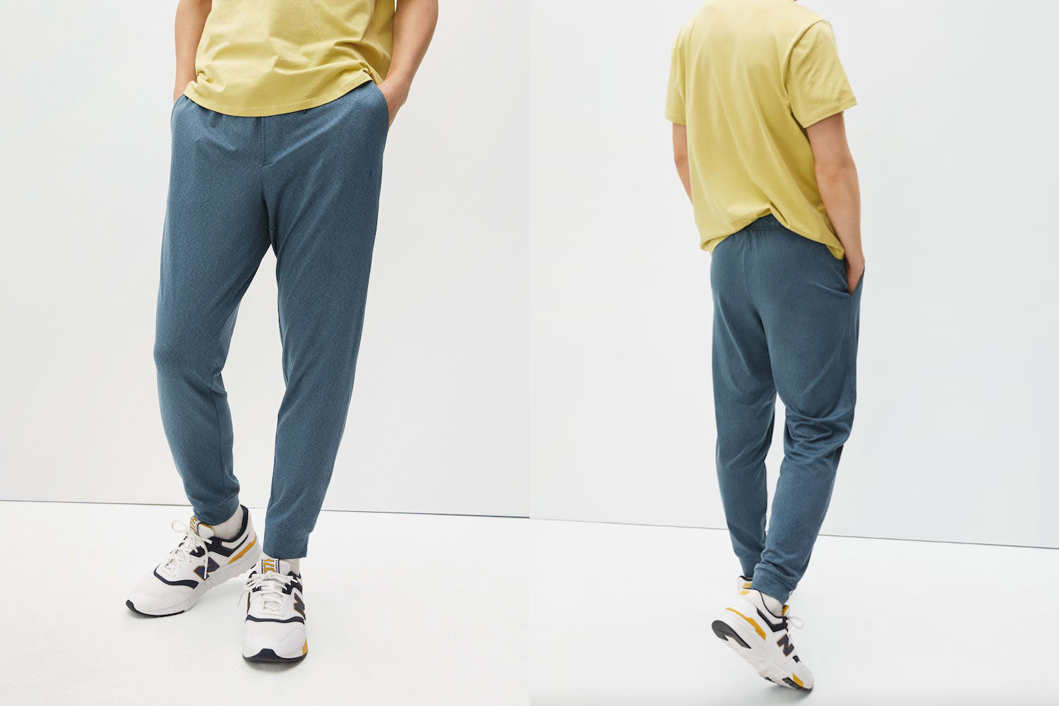 two model shots of an Everlane track pant on a white background 