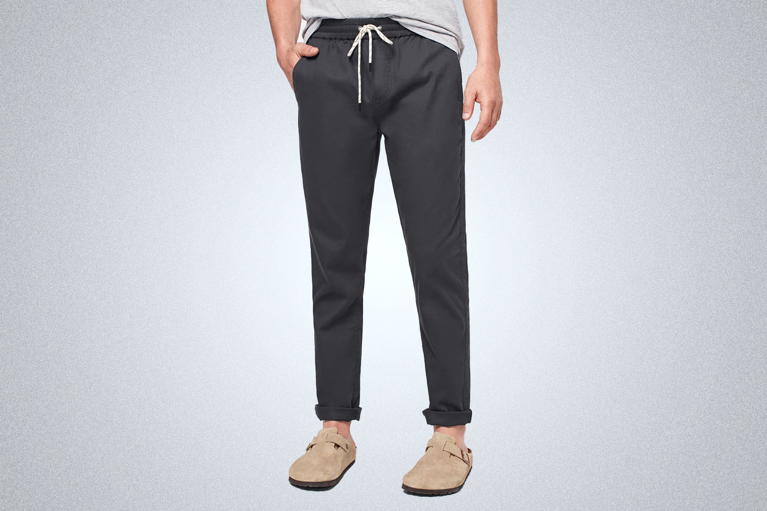 a pair of grey pants from Faherty on a grey background