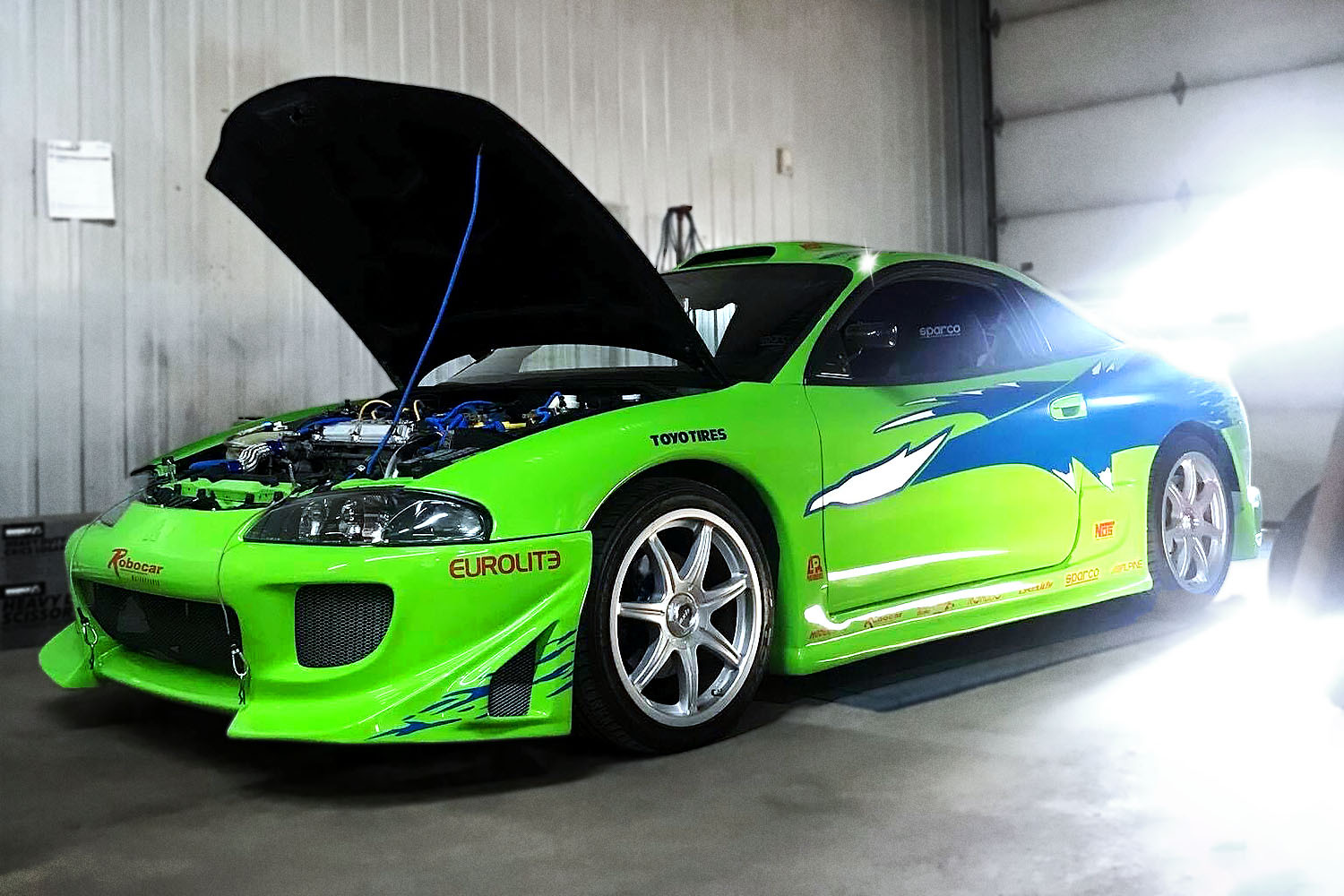 A replica of the green 1995 Mitsubishi Eclipse Paul Walker driver in the first Fast and Furious movie, this one built by Dominic Dubreuil