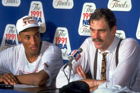 Chicago Bulls coach Phil Jackson with Scottie Pippen