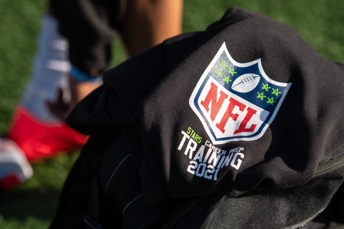 NFL logo on a piece of clothing on a football field