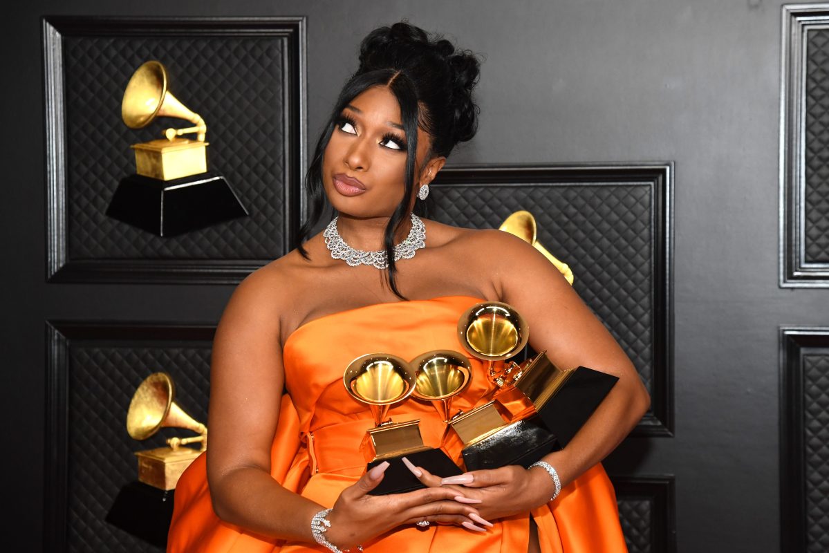 Megan Thee Stallion, winner of the Best Rap Performance and Best Rap Song awards for "Savage" and the Best New Artist award, poses in the media room during the 63rd Annual GRAMMY Awards.