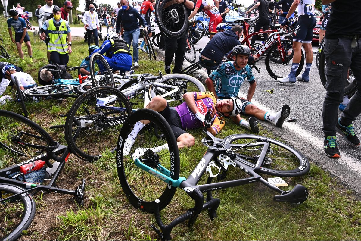The aftermath of a huge Stage 1 crash at the Tour de France. The fan who caused the accident hasn't been found.