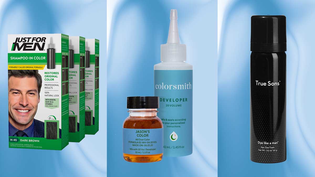 Three hair dye products for men on a blue background