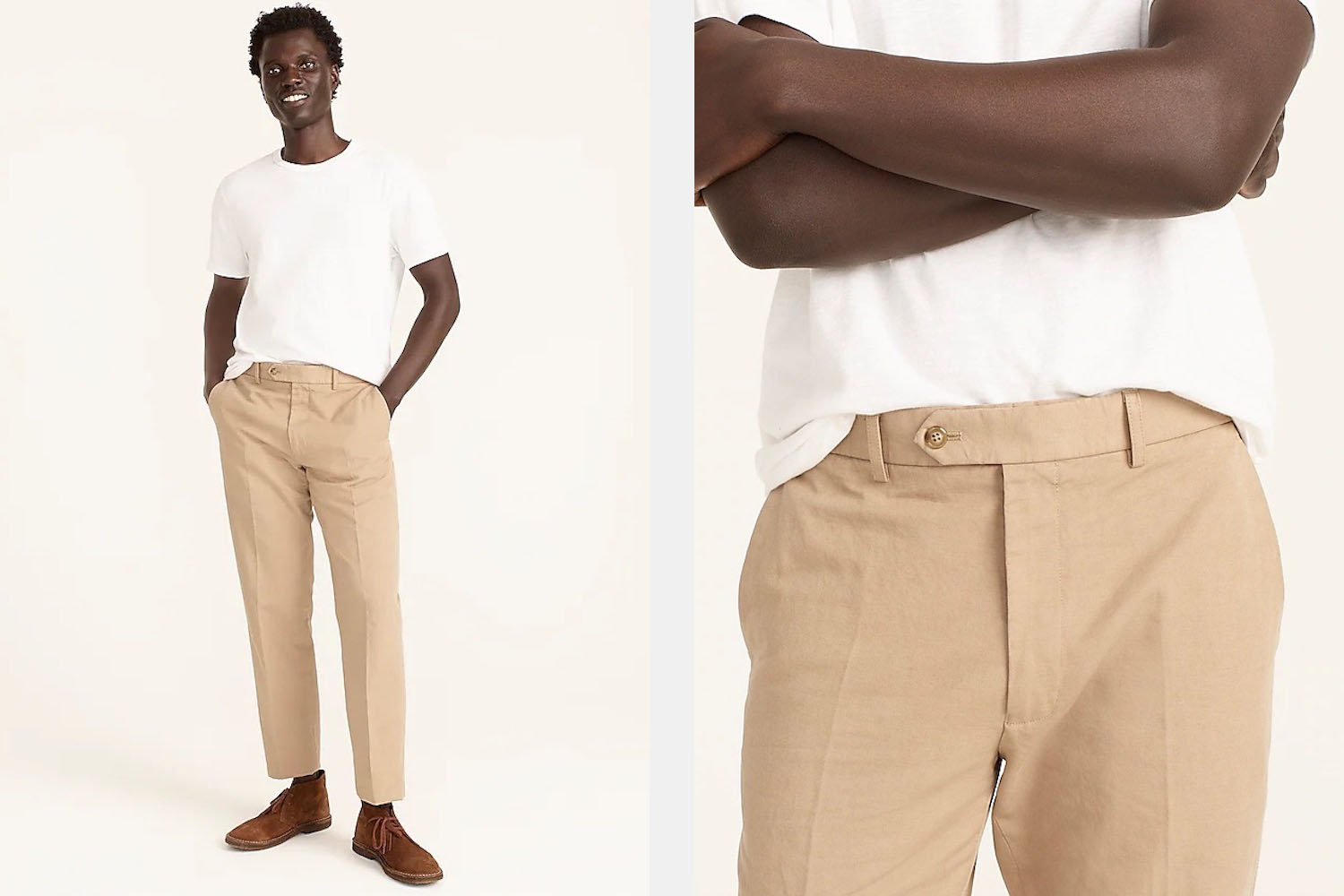 two model shots of the J.Crew Cotton-Linen suit pants