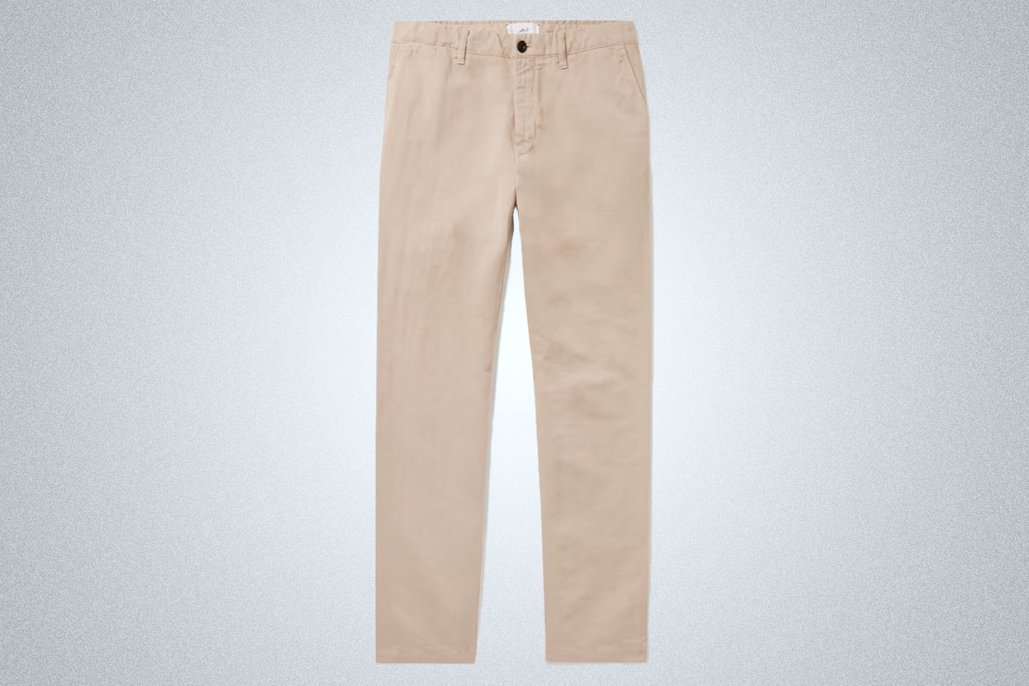 a pair of beige chinos from Mr P on a grey background