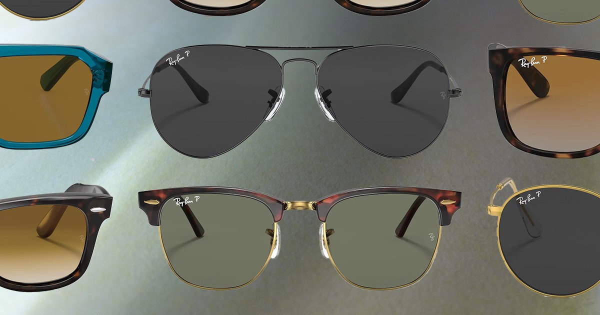 a collage of Ray-Ban sunglasses on a grey background