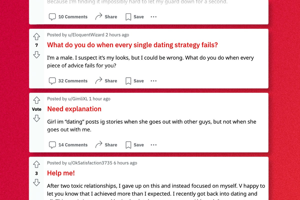Image shows a series of cropped Reddit threads in which users request online dating advice