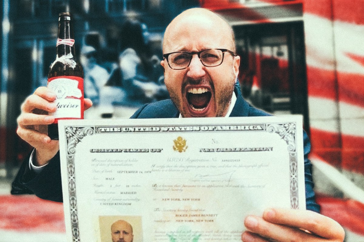 Roger Bennett of "Men in Blazers" celebrating his American citizenship