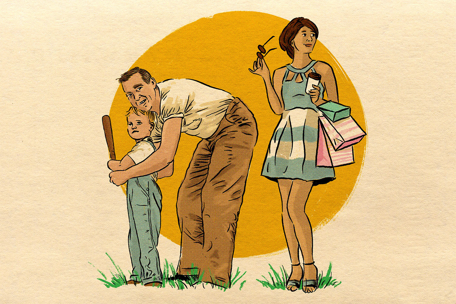 illustration shows a father helping a young boy swing a baseball bat, while a young woman in a dress carrying shopping bags stands off to the side
