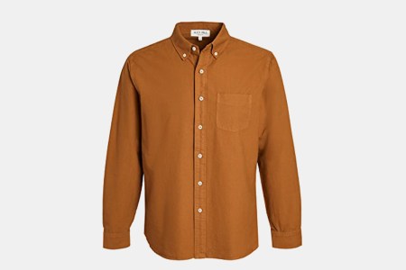 Alex Mill's Overdyed Oxford Shirt in a Golden Khaki color, also on sale in a pastel pink