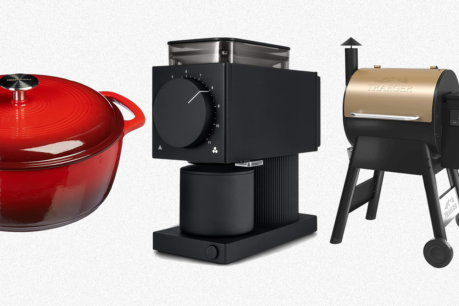 An Amazon Basics Dutch oven, Fellow's Ode brew grinder and a Traeger wood-pellet grill
