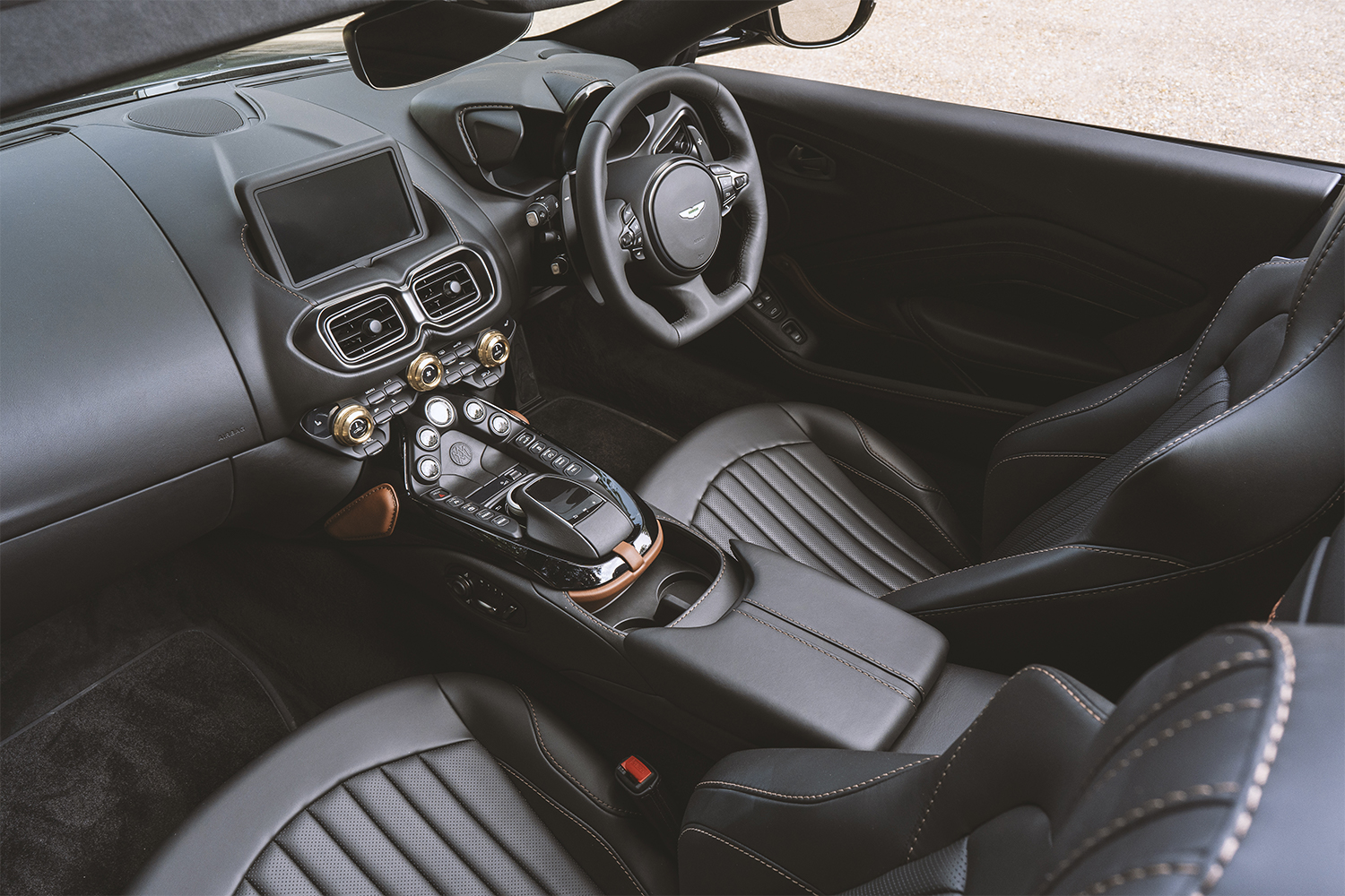 The interior of the new Aston Martin Vantage Roadster customized by Q by Aston Martin to pay homage to the A3 from 1921