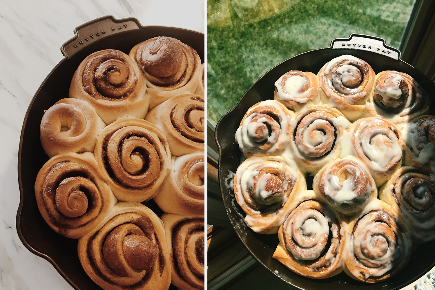 Two photos of homemade cinnamon rolls in a Butter Pat cast iron skillet