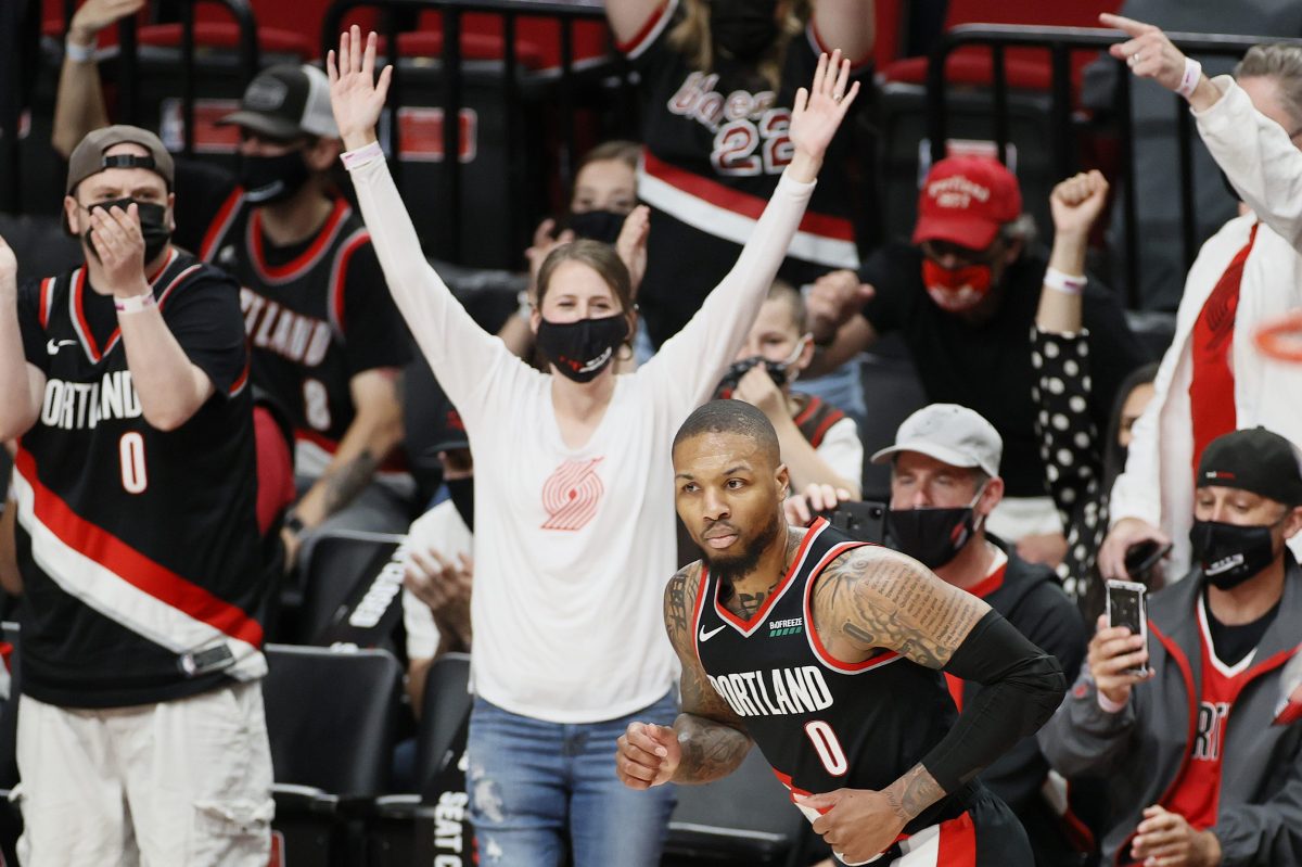 Home fans cheering during a Trail Blazers vs Nuggets NBA game