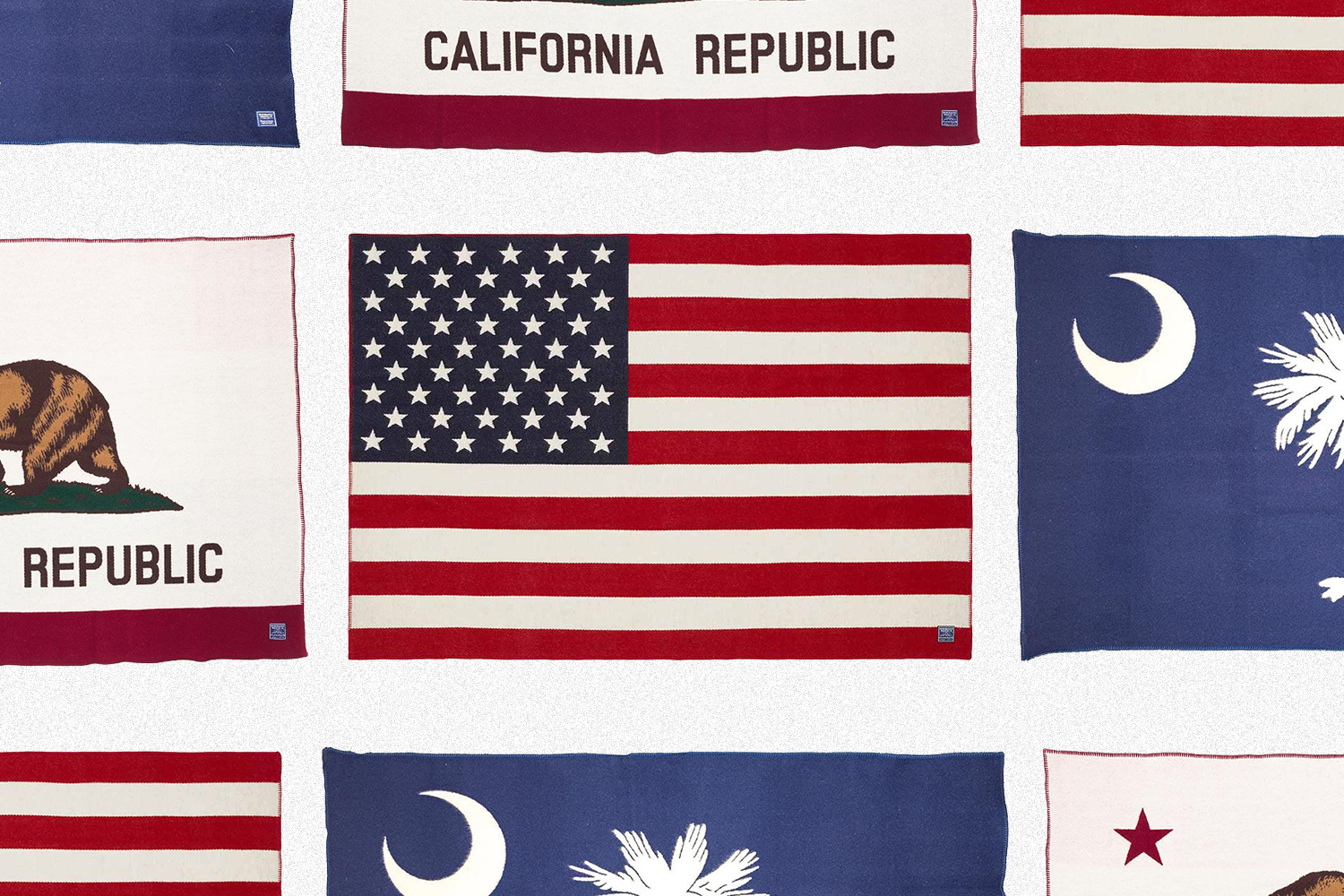 American flag, California state flag and South Carolina state flag blankets made by Faribault Woolen Mill Co. in Faribault, Minnesota