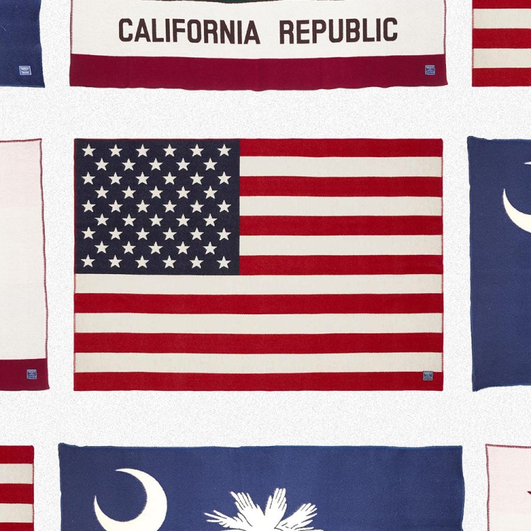 American flag, California state flag and South Carolina state flag blankets made by Faribault Woolen Mill Co. in Faribault, Minnesota