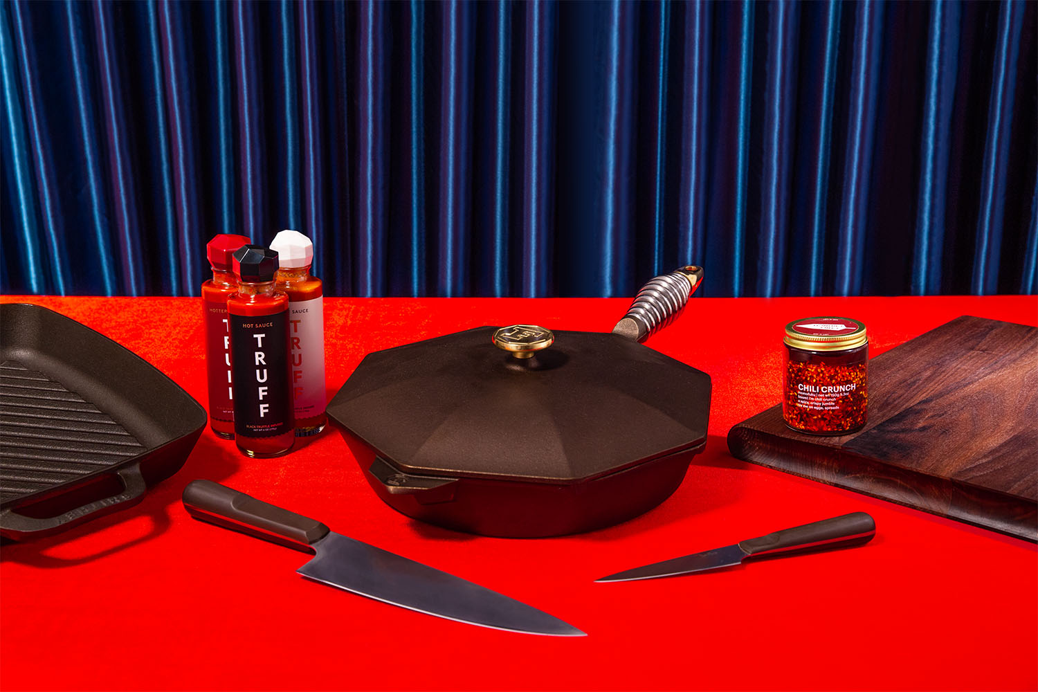 truff hot sauces, chili crisp, cast iron cookware and a knife and cutting board set