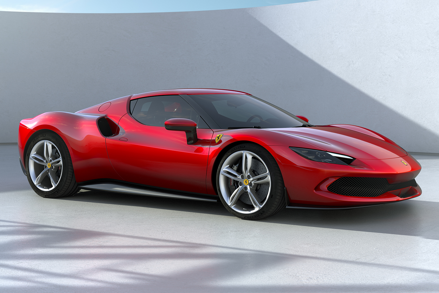 The right side of the new Ferrari 296 GTB in red, a plug-in hybrid car with a brand-new V6 engine