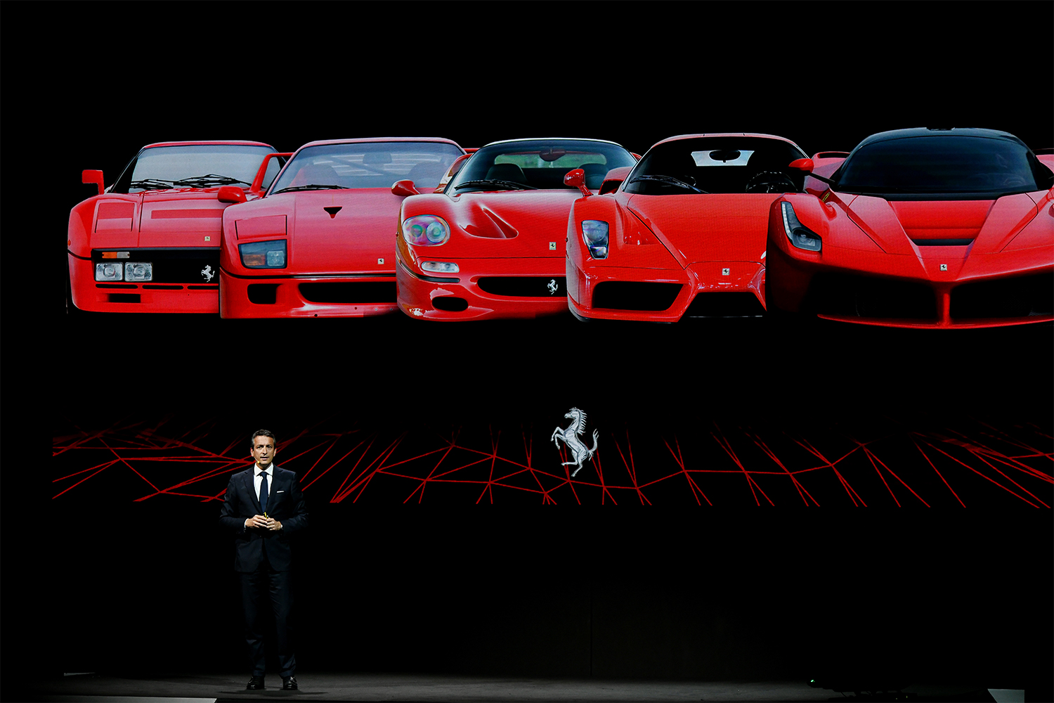 Enrico Galliera, Ferrari's chief marketing and commercial officer, presenting the plug-in hybrid SF90 Stradale