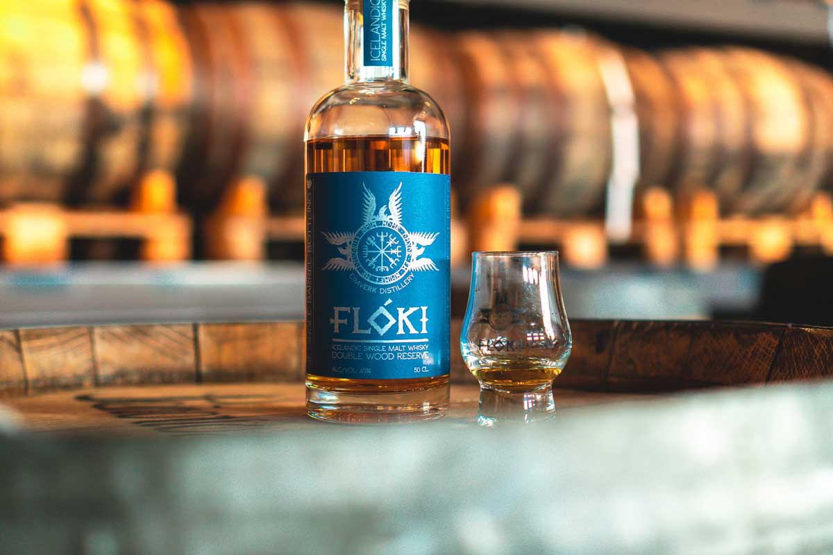 a bottle of the Icelandic Floki whisky in its warehouse