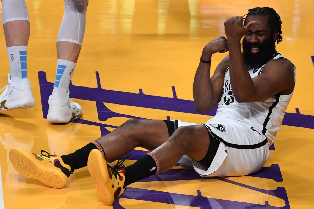 James Harden of the Brooklyn Nets reacts after a foul