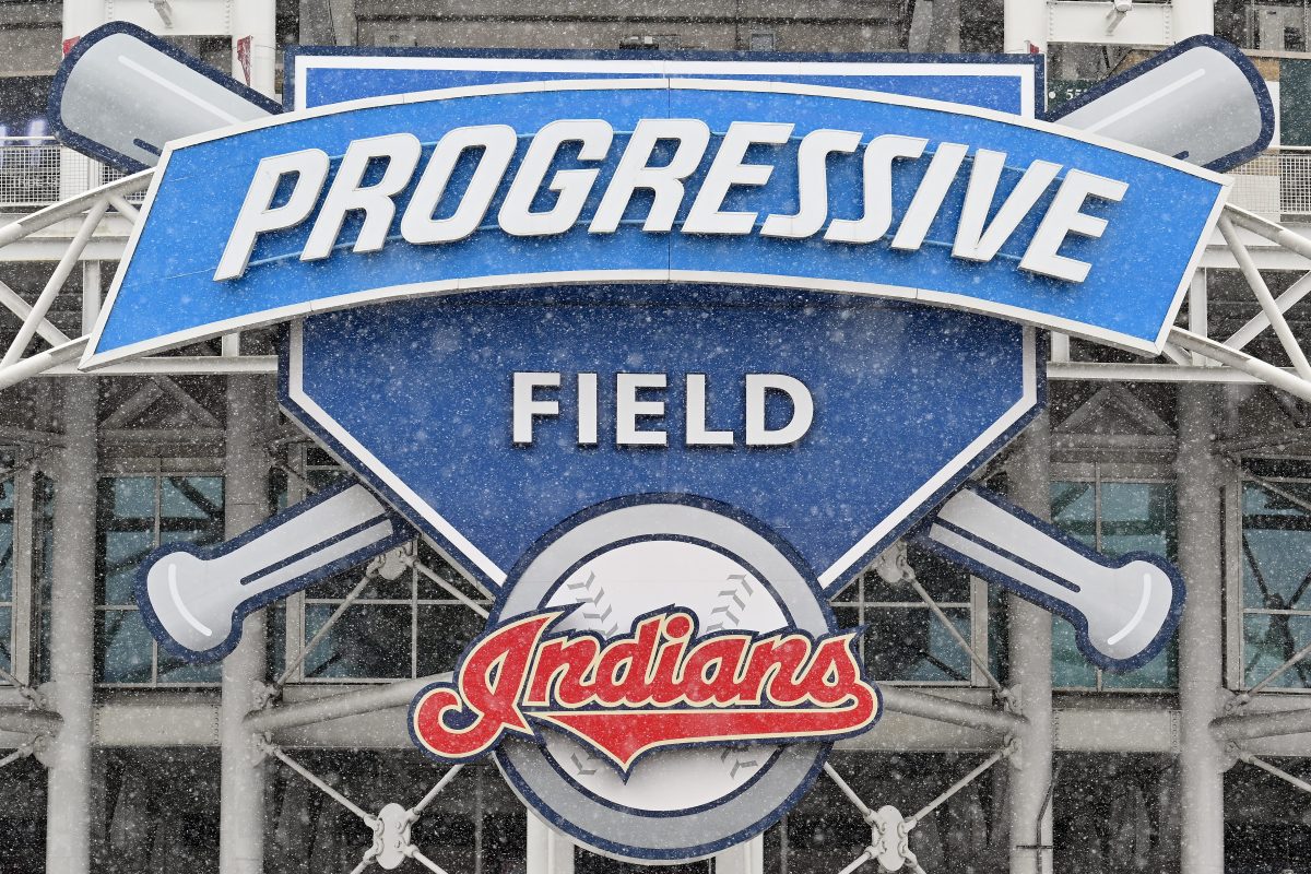 The Indians logo seen at Progressive Field stadium in Cleveland.