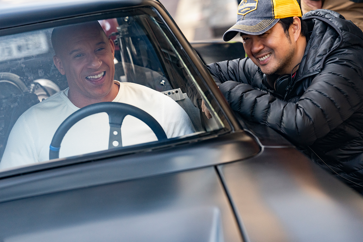 Vin Diesel as Dom and co-writer and director Justin Lin on the set of F9.