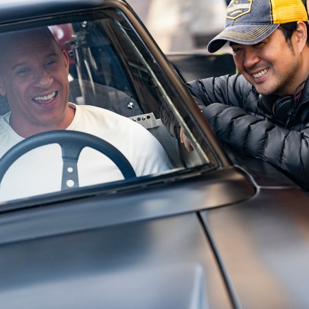 Vin Diesel as Dom and co-writer and director Justin Lin on the set of F9.