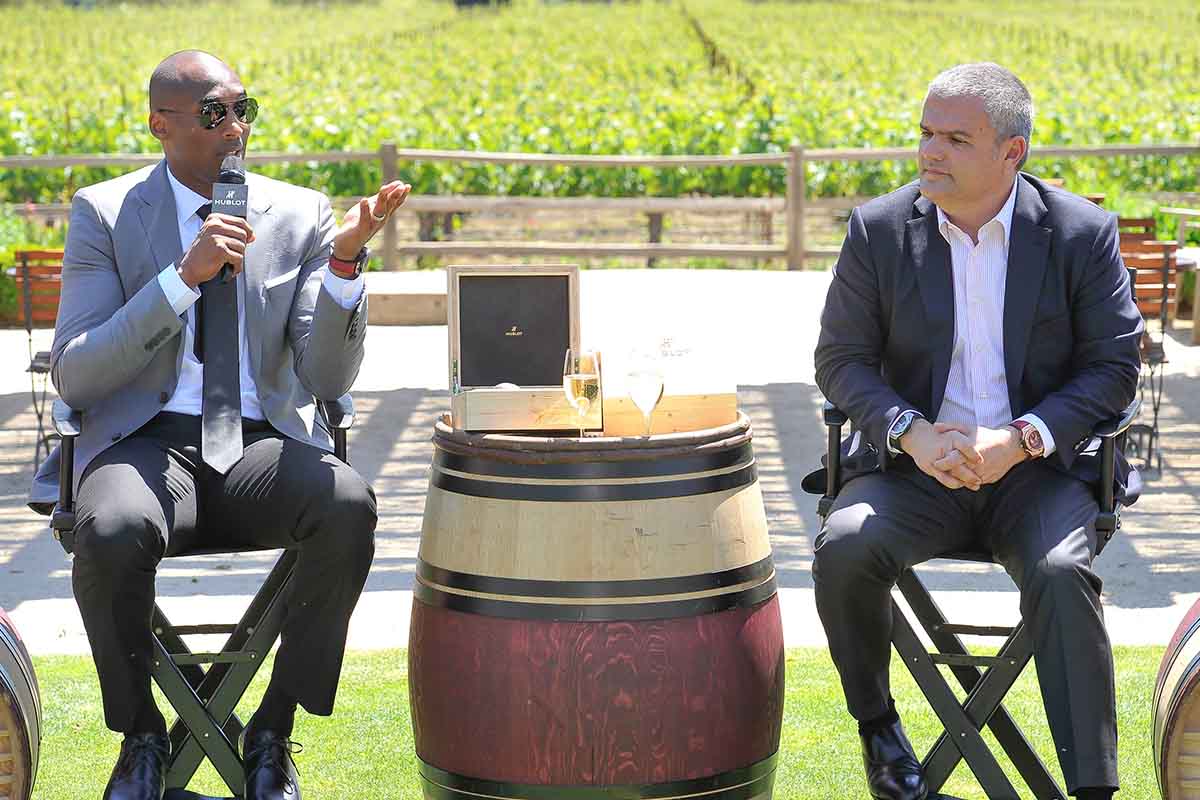 Kobe Bryant and CEO of Hublot Ricardo Guadalupe attent the press conference at the Hublot celebration of their new timepiece at Napa Valley Reserve on April 29, 2015 in St Helena, California