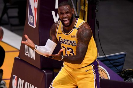LeBron James of the Lakers reacts to referee Scott Foster
